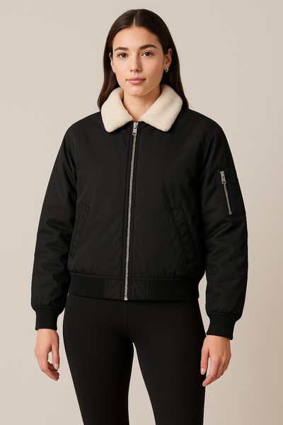 Gameyal Unisex Siyah Peluş Beyaz Yaka Oversize Bomber Ceket Kolej Ceket
