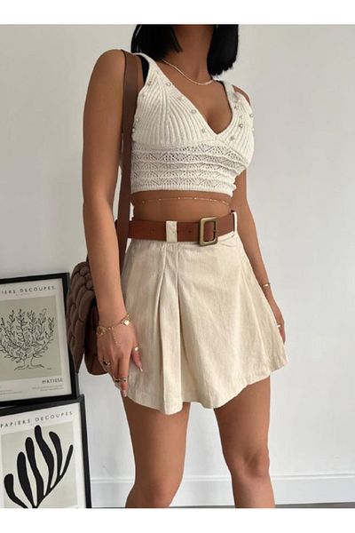 Bleu Petite Beige Linen Fabric Belted Women's Shorts Skirt
