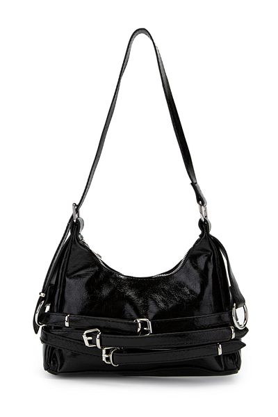 minebag Belt Detailed Patent Leather Faux Leather Baguette Women's Shoulder Bag Mary Black