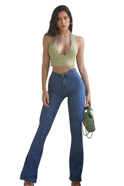 byhaziran butik Astrid Medium Blue High Waist Stretch Flare Jeans