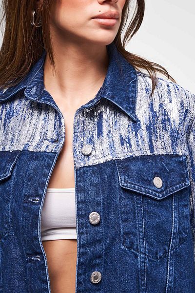 its basic Women's Blue Color 1W5-4 Oversize Sequin Special Fabric 100% Cotton Design Denim Jacket