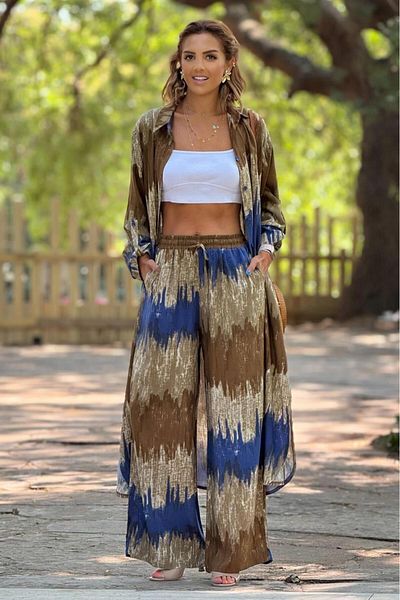 Nevin Kaya Moda Shirt Dress Pants Set - Brown Wave Pattern