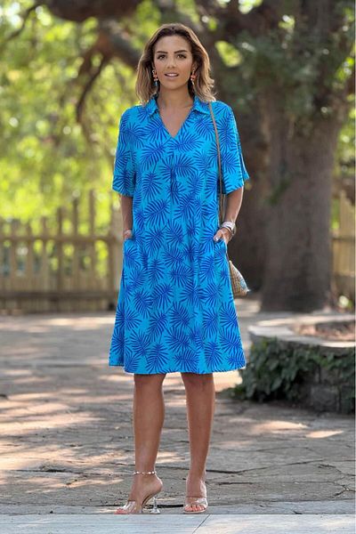 Nevin Kaya Moda Πουκάμισο με μοτίβο Τυρκουάζ Πεύκο Πέτο Φόρεμα 100% βαμβακερή βισκόζη
