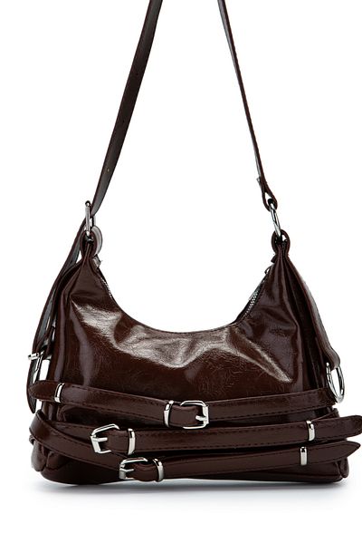 Kukura Belt Detailed Patent Leather Faux Leather Baguette Women's Shoulder Bag Mary Brown