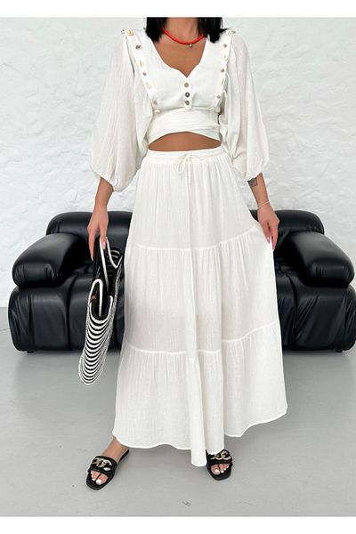 Bleu Petite Seashell Tie-Up Crop Blouse Skirt Set