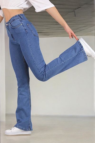 byhaziran butik Faustine Women's Medium Blue Lycra High Waist Wide Leg Jeans