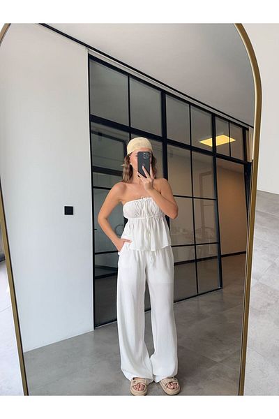 BB Bensu Buyruk White Strapless Tight Bluz Pants Suit