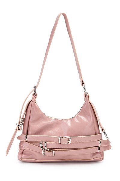 Kukura Belt Detailed Patent Leather Faux Leather Baguette Women's Shoulder Bag Mary Powder