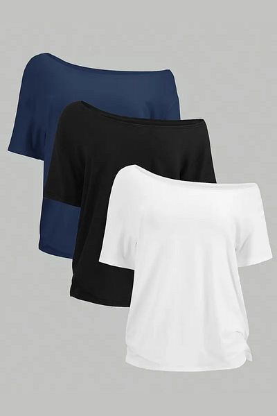 COOL TARZ Albastru bleumarin, alb, negru, pachet de 3 tricouri supradimensionate pentru femei, cu decolteu barcă, cu umeri