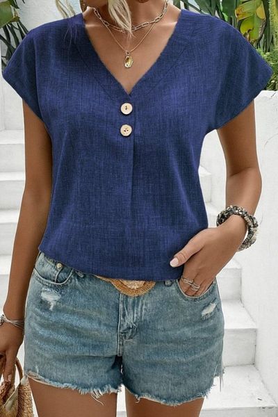 Mossta V-Neck Button Short Sleeve Linen Blouse - Blue