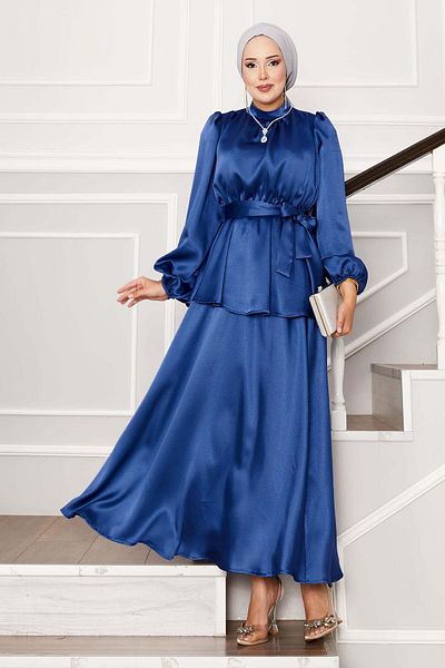 EBRUTESETTÜR Satin Skirt Suit with Gathered Waist Belt Detail