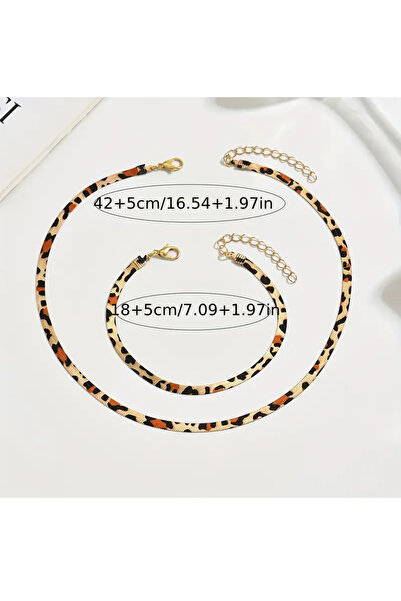Atılgan Grp Leopard Pattern Flat Snake Chain Necklace and Bracelet Set, 2-Piece Classic Simple Style Jewelry Set