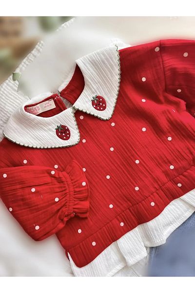 Bolly Baby Strawberry Fishtail Collar Polka Dot Muslin Long Sleeve Top with Denim Pants Baby Girl Set