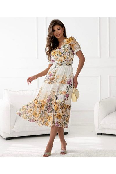 Bleu Petite Floral Patterned Belt Detail Chiffon Women's Dress