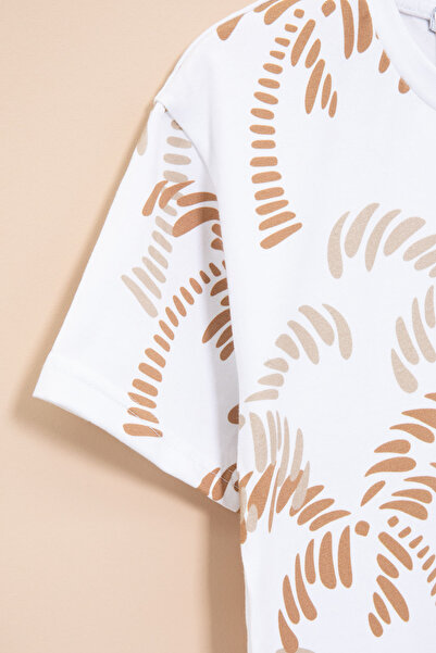 Cansın Mini Ecru Palm Patterned Boys' Crew Neck T-Shirt with Written Pocket 20932