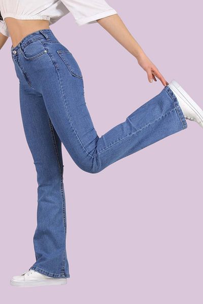 byhaziran butik Fua Medium Blue Colorfast Lycra High Waist Spanish Leg Jeans