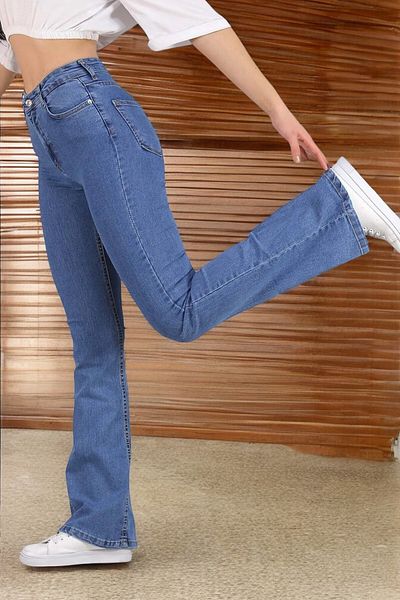 byhaziran butik Amandile Women's High Waist Medium Blue Denim Flare Jeans