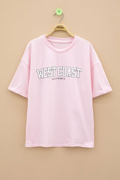 Cansın Mini Pink West Coast γραμμένο κοντομάνικο μπλουζάκι για κορίτσια με λαιμόκοψη 20962