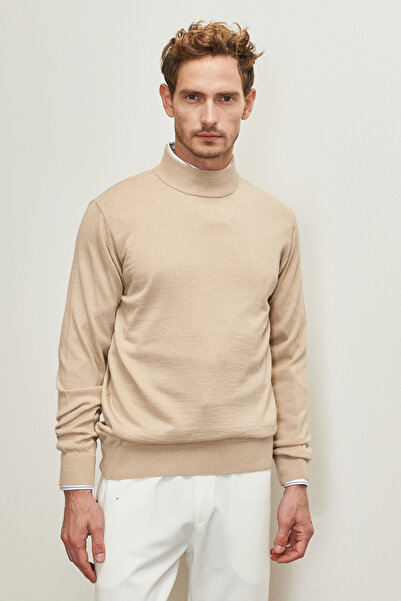 AC&Co / Altınyıldız Classics Men's Beige Standard Fit Normal Cut Half Turtleneck Woolen Knitwear Sweater