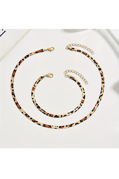 Atılgan Grp Leopard Pattern Flat Snake Chain Necklace and Bracelet Set, 2-Piece Classic Simple Style Jewelry Set