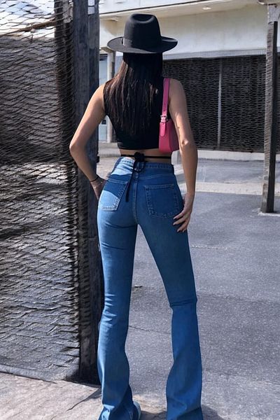 byhaziran butik Stevi Medium Blue Spanish Leg High Waist Lycra Women's Jeans