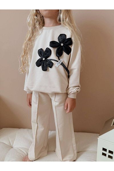 YİGİT BUTİK Yigit Boutique Flower Applique Embroidered Long Sleeve Girls Bottom Top Set
