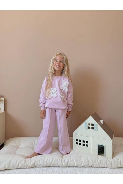 YİGİT BUTİK Yigit Boutique Flower Applique Embroidered Long Sleeve Girls Bottom Top Set