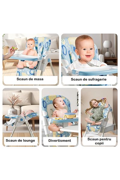Smart Vibe Scaun de masă pliabil KinderVibe™ 6+ luni, 4‑în‑1, Spătar reglabil, Tavă detașabilă, centură 5, Blue