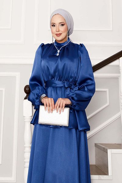 EBRUTESETTÜR Satin Skirt Suit with Gathered Waist Belt Detail