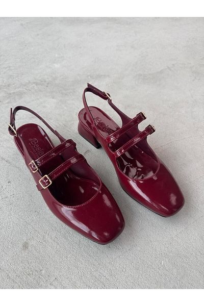 Cappmoda Ayk-026 Burgundy Patent Leather Double Tape Blunt Toe Short Heeled Shoes