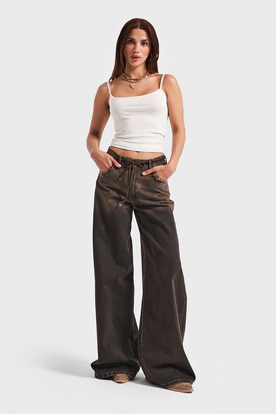 its basic Women's Dark Tint Color 21W5-81 Palazzo Fit Pocket Worn Belt Detailed 100% Cotton Denim Jean