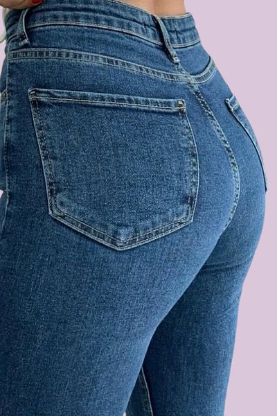 byhaziran butik Gabriel Women's Medium Blue High Waist Stretchy Denim Fabric Flare Jeans