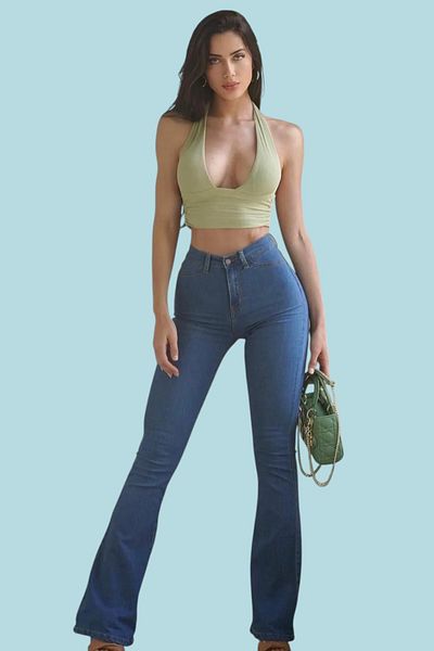byhaziran butik Estelle Women's Medium Blue Lycra High Waist Spanish Leg Jeans