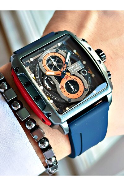 Ferrucci FUNCTION LACİVERT KADRANLI TAKVİMLİ KARE LACİVERT SİLİKON ERKEK KOL ...