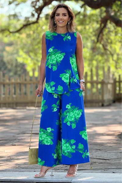Nevin Kaya Moda Sicily Green Rose Patterned Trousers Blouse Double Set