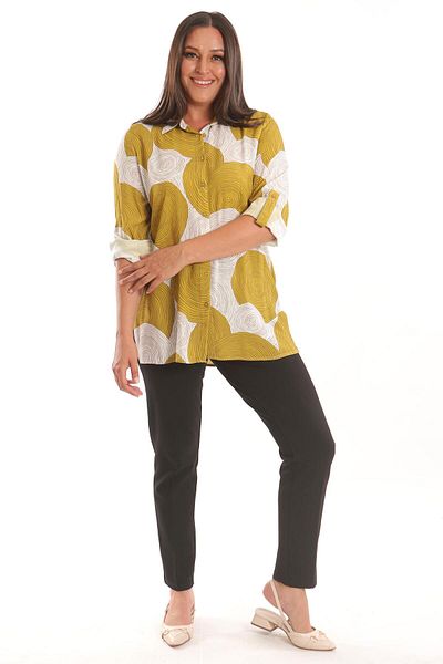 Metpoint Πουκάμισο Trend42plus Plus Size Mustard με στρογγυλό σχέδιο βισκόζης