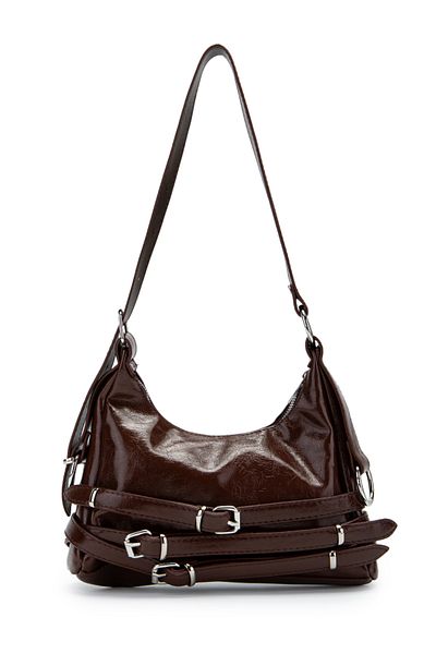 minebag Belt Detailed Patent Leather Faux Leather Baguette Women's Shoulder Bag Mary Brown