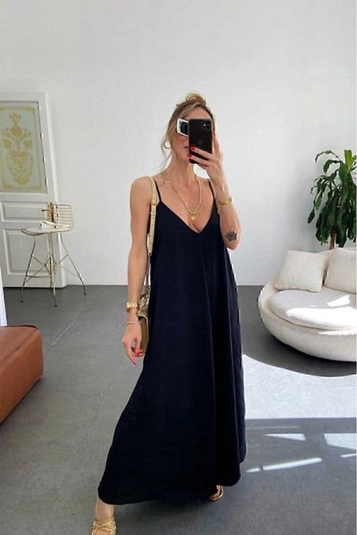moda wanilia Women's Black Aerobin Fabric Long Black Dress with Adjustable Strap
