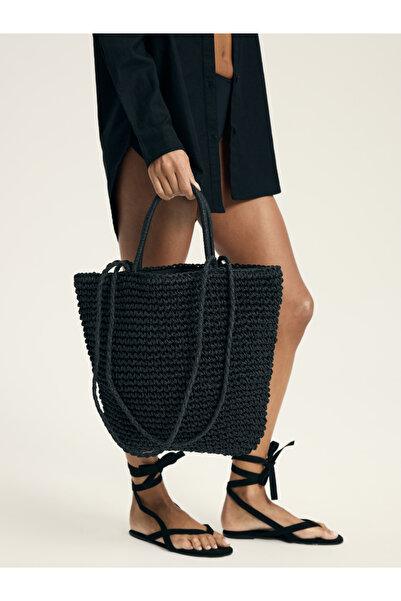 ESOTIQ Geantă de umăr de vară, design țesut pentru plajă, cu mânere și căptuș...