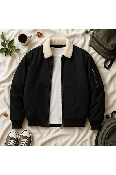 Gameyal Jachetă Bomber oversize unisex, neagră, de pluș, cu guler alb