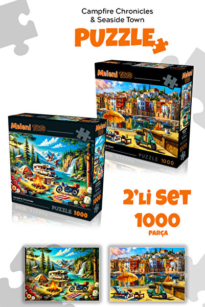 Meleni Toys 2 Adet 1000 Parça Puzzle - Kamp Ateşi Orman Manzarası ve Sahil Kasabası Manzarası Yapboz 68x48 cm