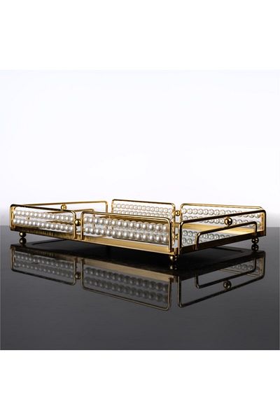 Hinora Δίσκος Ορθογώνιος Καθρέφτης με Πέρλες 40x27x6cm