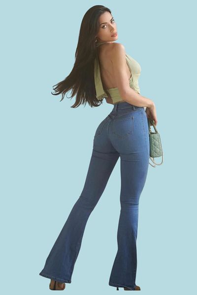 byhaziran butik Estelle Women's Medium Blue Lycra High Waist Spanish Leg Jeans