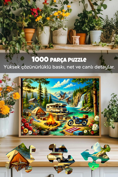 Meleni Toys 3 Adet 1000 Parça Puzzle - Kamp Ateşi, Aslan Kral Kedi ve Vahşi Batı Kasabası Yapboz 68x48 cm