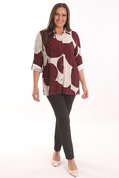Metpoint Trend42Plus Large Size Burgundy Round Patterned Viscose Shirt
