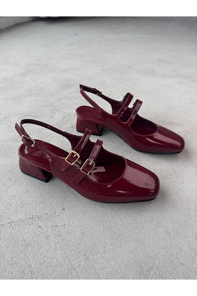 Cappmoda Ayk-026 Burgundy Patent Leather Double Tape Blunt Toe Short Heeled Shoes