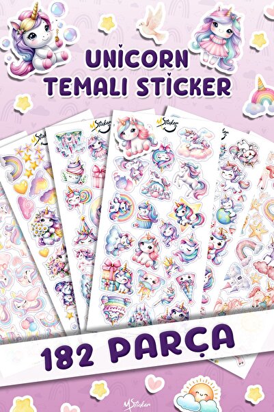 MSticker 182 Adet Unicorn Sticker Seti - Kalem Suluk Defter Cam Masa Laptop Tablet Sticker Suya Dayanıklı