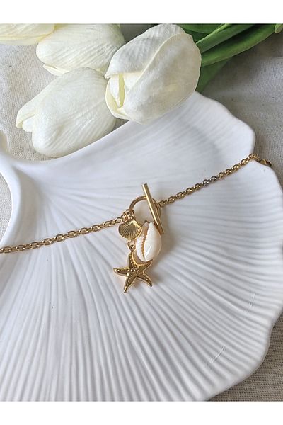 İLKYAZ Accessories Steel Bracelet with Charm of Mussels and Sea Shell