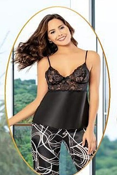 Xses 2151 Women's Black Satin Embroidered Pajama Set with Robe