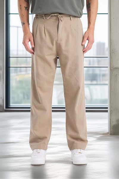 Valiberta Bergman Linen Look Cotton Flared Comfortable Fit Pleated Men's Trousers - Sand Beige